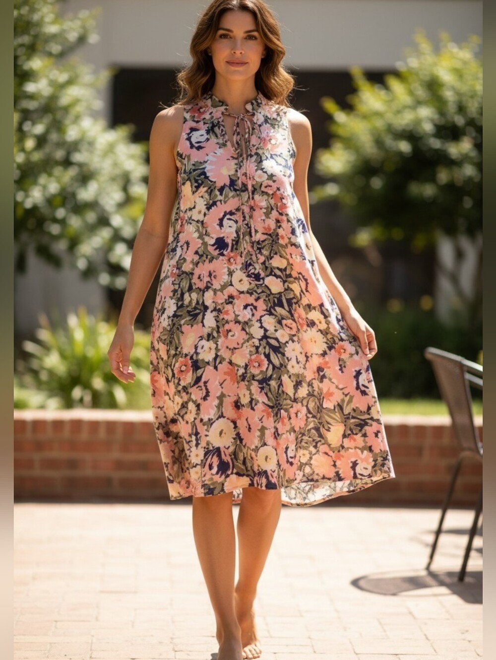 Olivaceous Pink Floral Halter Sundress V Neck with Front Ties Closure Sz. S